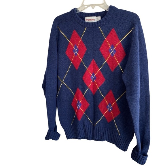 Vintage 80s McGregor Sweater Blue Red Argyle Crewneck Wool Mens Large USA Made - Picture 2 of 12